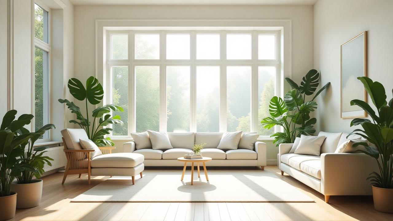Bright, sunlit London living room with lush green plants and eco-friendly cleaning aesthetic